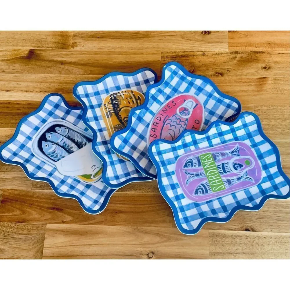 NWT C&C California Set of 4 Sardines Square Melamine Appetizer 9” plates Trays